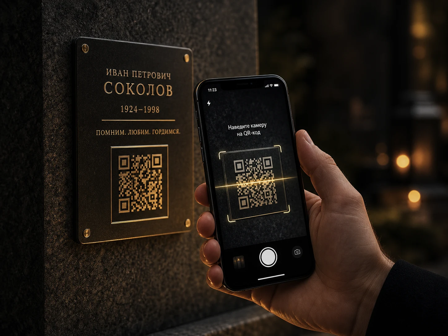 Сканирование QR-кода на памятнике